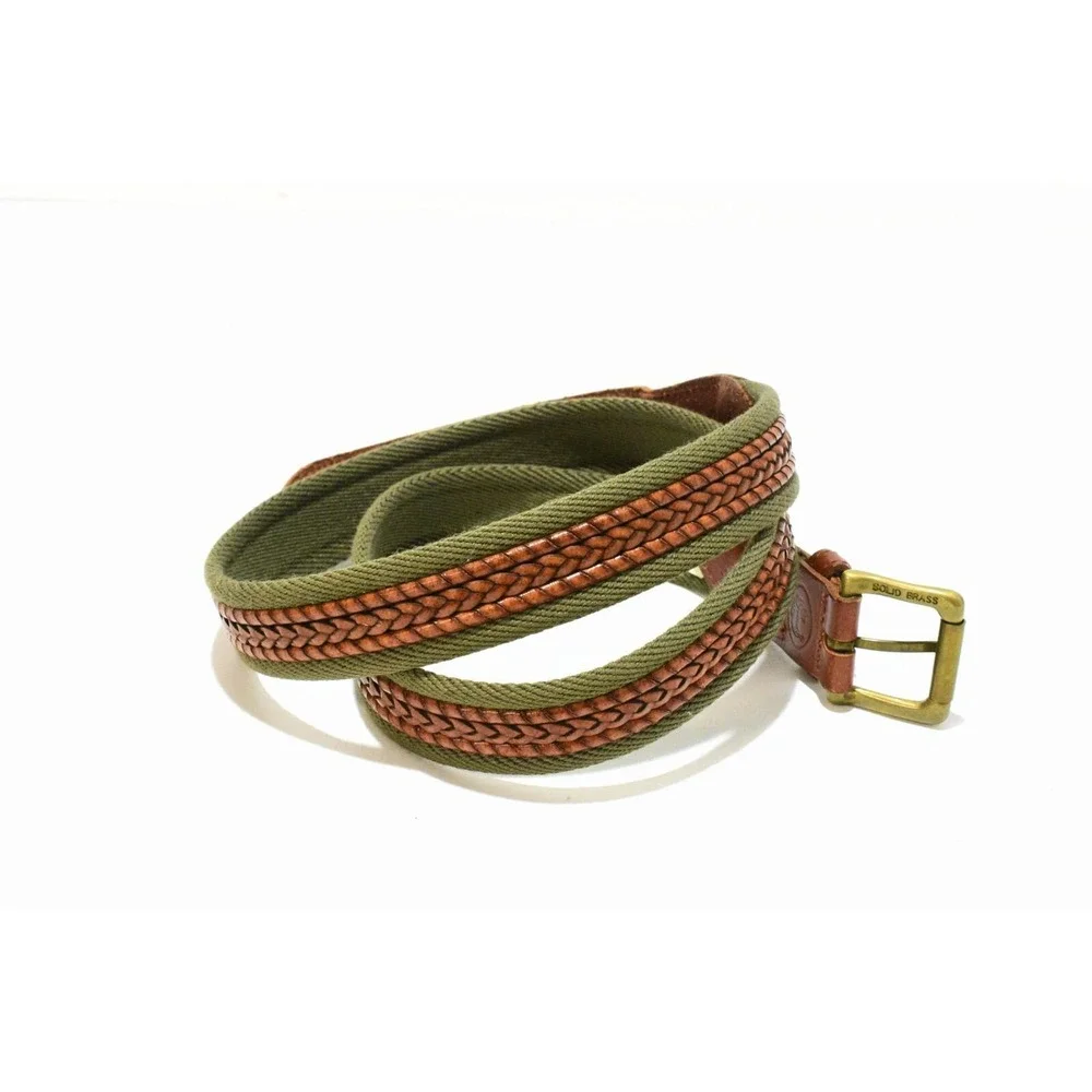 VTG LL Bean Braided Leather Canvas Field Belt Mens 42 Green Brass Buckle USA